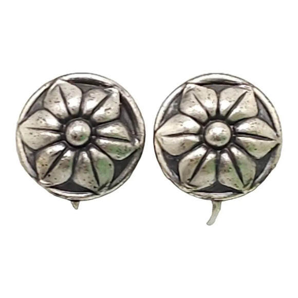 Sterling Silver Floral Design Engraved Boho Earrings Spring Ring Closure Vintage - Picture 1 of 6